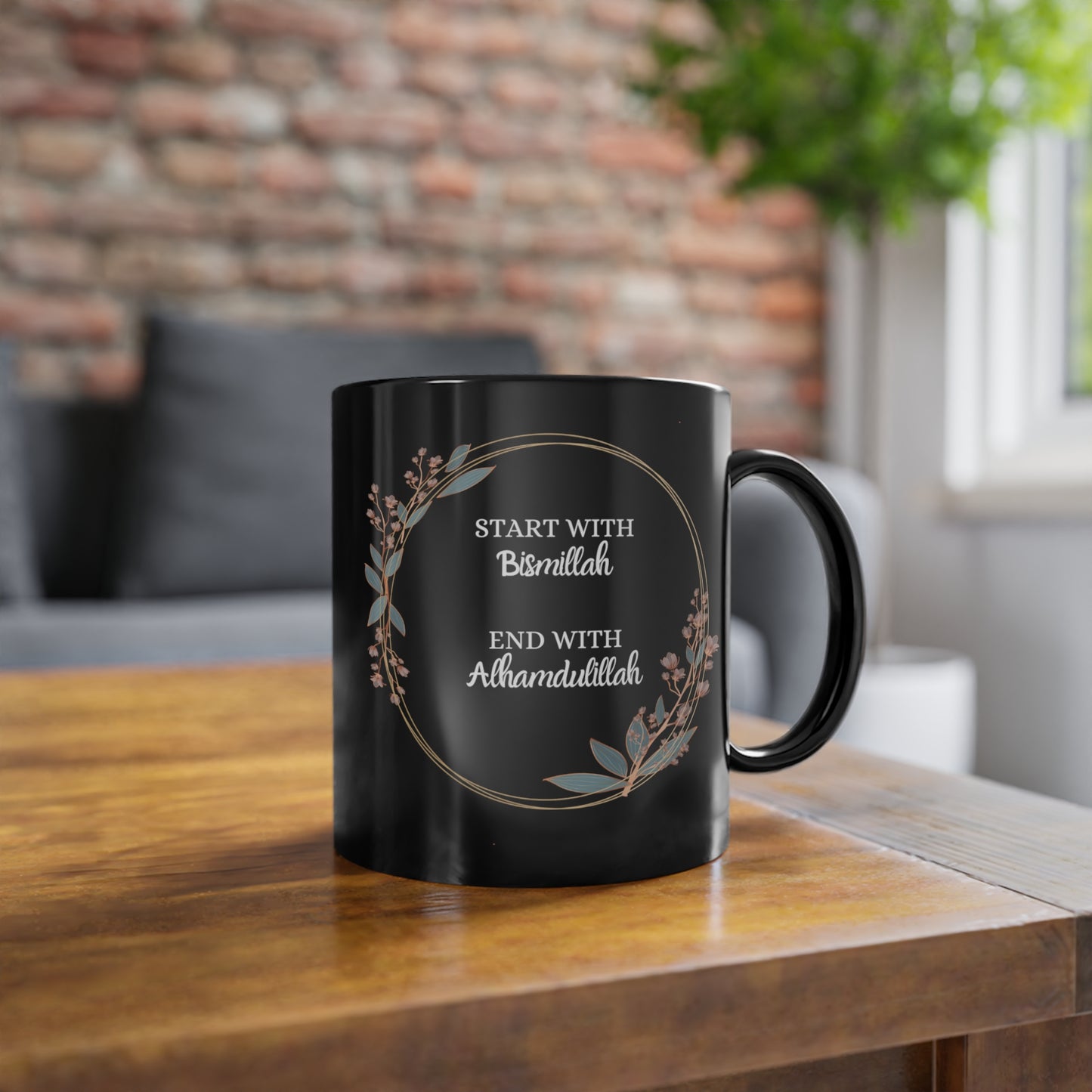 Tasse schwarz "start with Bismillah, end with Alhamdulillah"